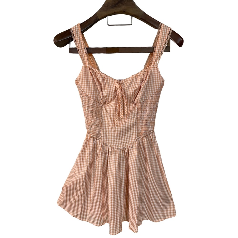 Bailey Rose June Mini Dress Orange Gingham Smocked Bust Tie‎ Neck Milkmaid Y2K S